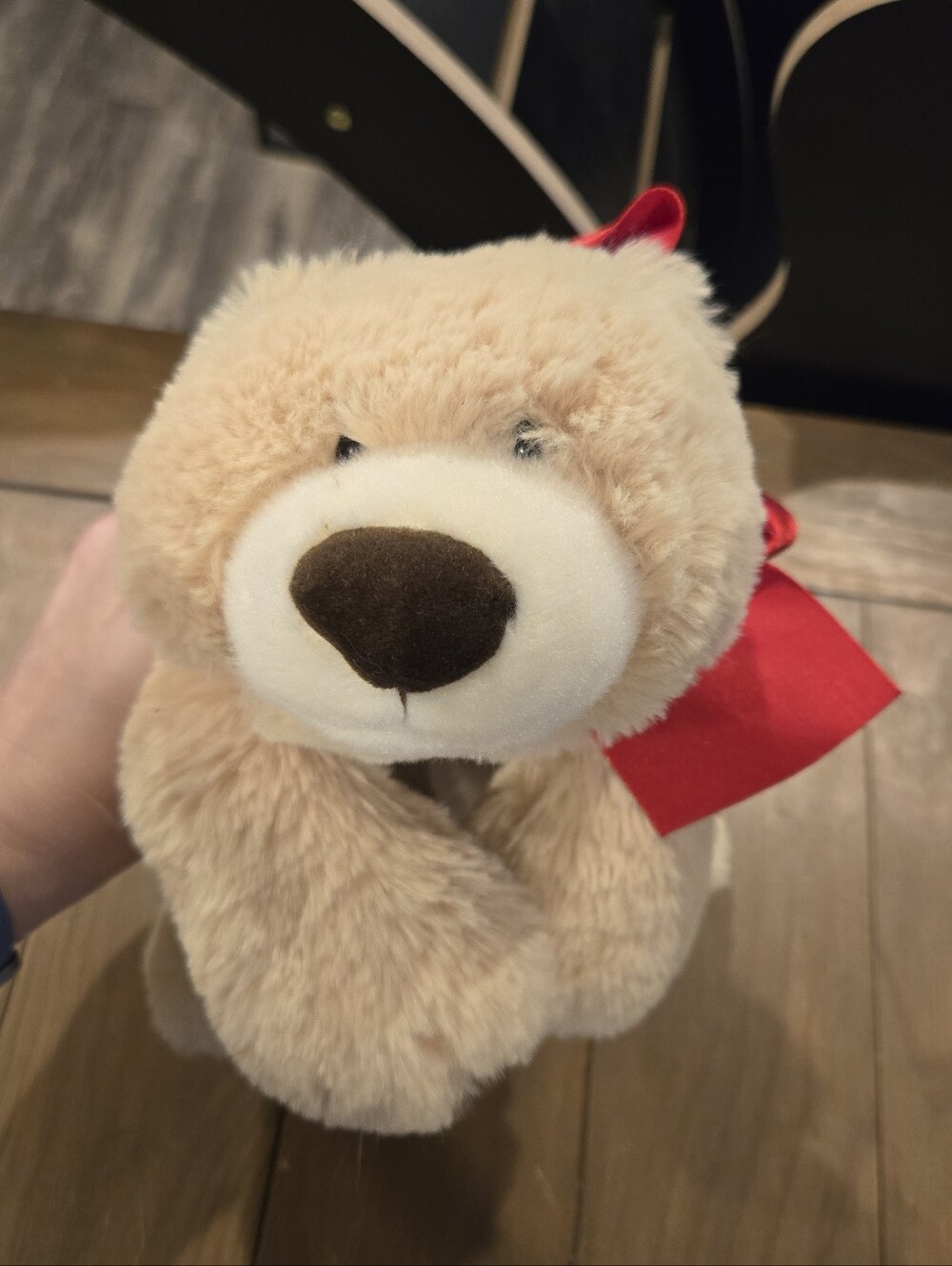 Plush Beige Aurora Teddy Bear with Red Bow Soft Kids Toy